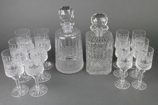 A cut glass cylindrical decanter, a square ditto, 6 wines and 6 sherries