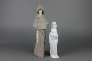 A Lladro matt figure of a monk 13 3/4", a Lladro figure of a girl holding lilies 9" 