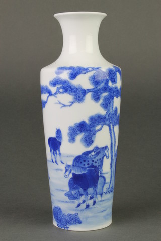 A 19th Century Chinese blue and white tapered cylindrical vase with a herd of wild horses beneath trees with script 8 1/2" 