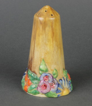 A Clarice Cliff Bizarre conical shaker with polychrome floral decoration 5 1/2" 