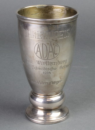 A waisted silver plated goblet marked Ehrenpreis Adac Gau Wurttemberg Schwere Shwabische Gelandefahrt 1934 Klassensieger 