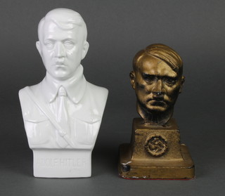 A gilded plaster head and shoulders portrait bust of Adolf Hitler (f) 5" together with a blanc de chine porcelain head and shoulders portrait bust, the base marked 1938 7" 