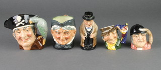 5 Doulton character jugs - Long John Silver 4", Granny 3", seated Winston Churchill 3 3/4", Punch & Judy Man 2 1/2" and Gone Away 2 1/2" 