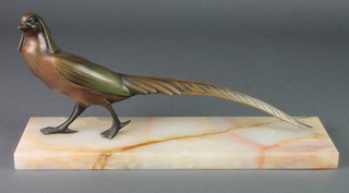 After R Varnier, a painted Art Deco bronze figure of a walking pheasant 16"
