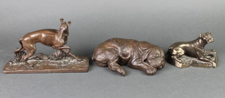 A bronzed figure of a seated bulldog 6", 1 other 8" and a bronze figure of a greyhound (back leg f) 9" 