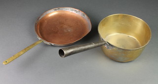 A 19th Century brass saucepan with iron handle 8" and a copper saucepan with brass handle 10" 