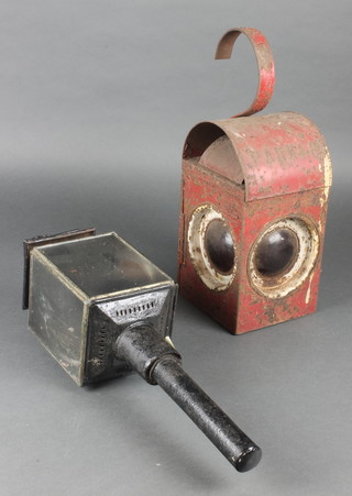 A 19th Century square Japanned coaching lamp and a square 3 lensed warning lamp 