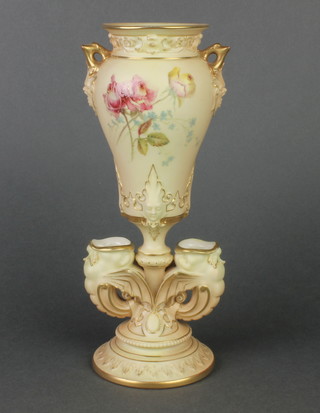 A Royal Worcester blush porcelain oviform vase with mask handles, decorated with floral sprays with double cornucopia base 10 1/2" 