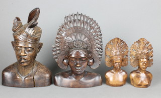 2 "Balian" carved hardwood busts of lady and gentleman 10" and 2 others in the form of ladies 7"