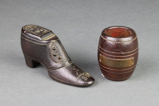 A 19th Century wooden snuff box in the form of a ladies shoe 4" together with a turned teak match striker formed from the teak of HMS Ganges 