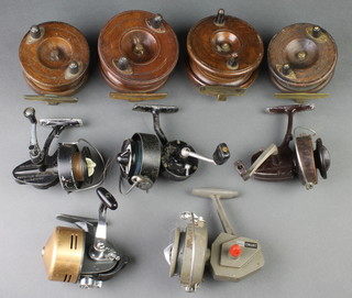 4 wooden and brass centre pin fishing reels, a Consort intrepid fishing reel, a Viking 120 fishing reel, a Gaff fishing reel, an intrepid standard fishing reel, a Daiwa 727 Oar fishing reel 