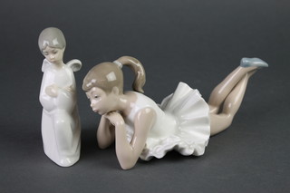 A Nao figure of a reclining ballerina 9", a ditto of a kneeling angel 5" 