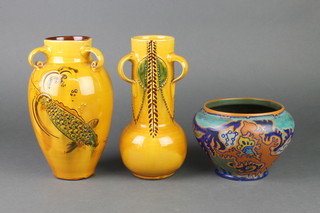 A Barnstable pottery Arts & Crafts 3 handled vase 9", a ditto baluster vase 9" and a Dutch Studio bowl 5" 