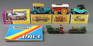 3 Matchbox models - Y9  Flower "Big Lion Showmans Engine", Y12 1909 Thomas Flyabout and Y14 A Maxwell Roadster, 2 Lesney models of locomotives, 3 Matchbox car catalogues 1981-82, 1982-83 and 1983  