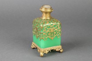A Palais  Royale green glass gilt metal mounted square scent bottle with painted town scape view to lid 6" 