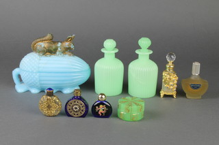 A Victorian turquoise glass moulded acorn box and cover with squirrel handle 6", minor glass scent bottles