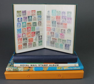 A green stock book of various World stamps, a Europe stamp album, various used stamps, a Royal Mail stamp album, a Transworld stamp album and a loose leaf stamp album of used world stamps