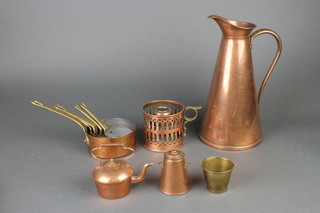 A cylindrical waisted copper jug 11", a circular miniature copper churn 3", a miniature Dutch brass pale 2", base marked KDM, a miniature copper kettle 2", a pierced copper chamber stick, graduated copper and brass saucepans
