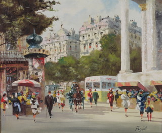 20th Century oil on canvas, a Parisienne street scene with figures, signed 19 1/2" x 23 1/2" 