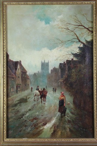 An Edwardian oil on canvas, a street scene with figures and horses, indistinctly signed 23" x 15" 