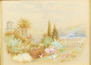 R H Walker, watercolour, study of a villa garden Lake Como, monogrammed 4" x 6" 