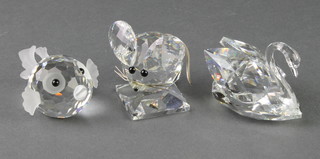 3 Swarovski animals - swan 2 1/4", mouse 2" and a puffer fish 2" 
