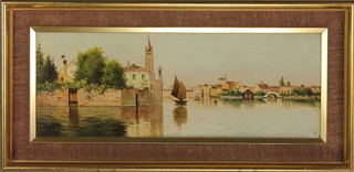 F Chwala, oil paintings on board, Venetian canal scenes, signed a pair 6 1/4" x 17"  
