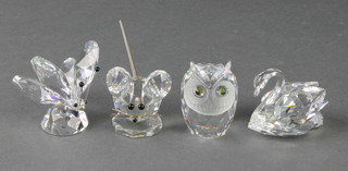 4 Swarovski animals - mouse 1 1/4", butterfly 2", owl 2" and swan 1 1/2" 