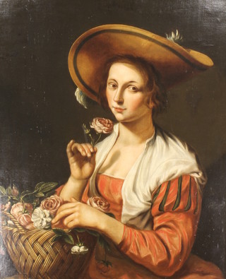 After Abraham Bloemert 1630, oil on canvas, a study of a young lady wearing a bonnet and red dress with a basket of roses, signed, dated and inscribed, re-lined 33" x 27"