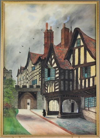 Fred Bull, mixed media, entrance to the porch of Leicester's hospital and courtyard of Leicester's Hospital Warwick, 18 1/2" x 13" 