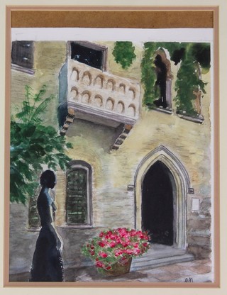 20th Century watercolour, a study of a Continental courtyard with figure, indistinctly signed 12" x 9"