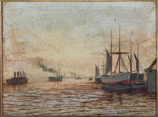 Victorian oil on canvas, a maritime scene with moored boats and sailing ships, unsigned,  11 1/2" x 15 1/2" 