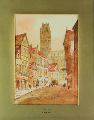 E Nevil, watercolour, Rouen street scene with figures, signed and inscribed 10 1/2" x 7 1/2" 