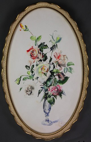 Barbara Crowe, watercolour, oval study of a vase of roses, signed 19" x 11 1/2" 