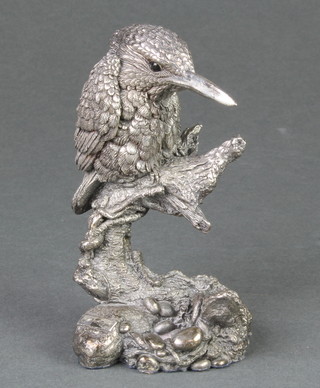 A filled silver figure of a Kingfisher sitting on a stump 4"