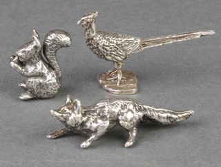 3 silver animal figures - squirrel, pheasant and fox 52 grams