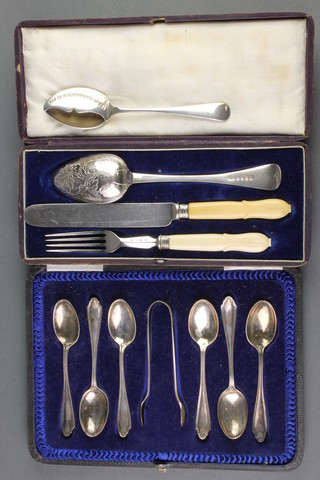 A cased silver plated 3 piece christening set, a cased set of 6 silver teaspoons and nips.