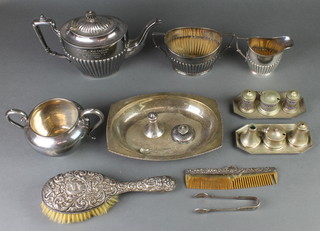 A silver plated 3 piece demi-fluted tea set and minor plated items 