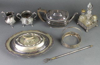 A silver plated rounded rectangular teapot, minor plated items