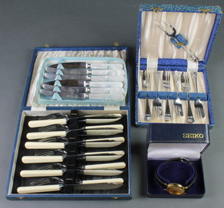3 silver plated cased sets and a wristwatch