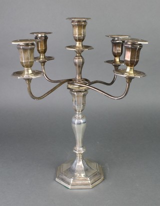 An Edwardian silver hexagonal 5 light candelabrum of waisted vase form, Sheffield 1901, 17"