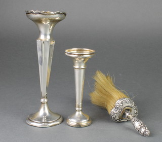 A tapered silver posy vase Birmingham 1919, 1 other and a repousse brush 