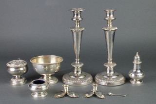 A silver plated rose bowl and minor silver plated items 