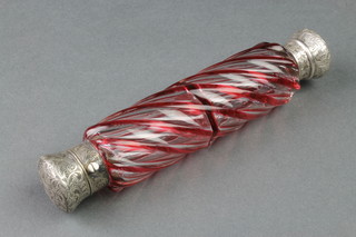 A silver plated mounted double ended spiral ruby overlaid glass scent bottle