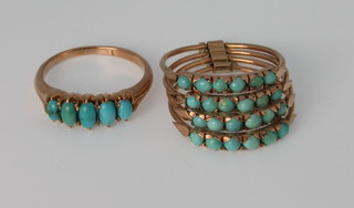 A gold and turquoise set 4 section ring, a 5 stone ditto size K and P