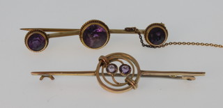 A gold amethyst set bar brooch, an open ditto 