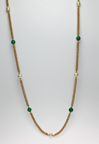 A Continental 18ct yellow gold fancy link cultured pearl and hardstone set necklace 