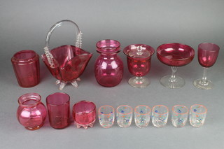 A Victorian cranberry glass basket 8", 8 other items of cranberry glass ware and 4 glass tots 