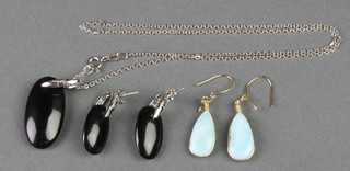A silver hardstone necklace and matching earrings together with a pair of gem set earrings 