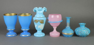 A Victorian turquoise glass vase with wavy rim 7", 3 goblets and 2 vases 
